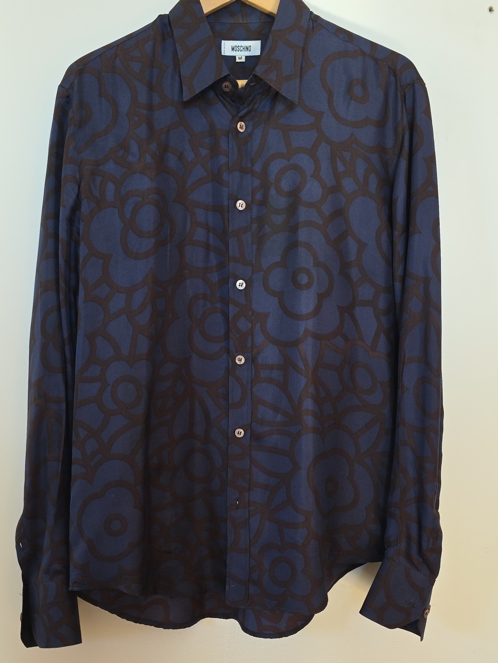 Moschino Men's Dark Blue Floral-Print Button-Up Shirt